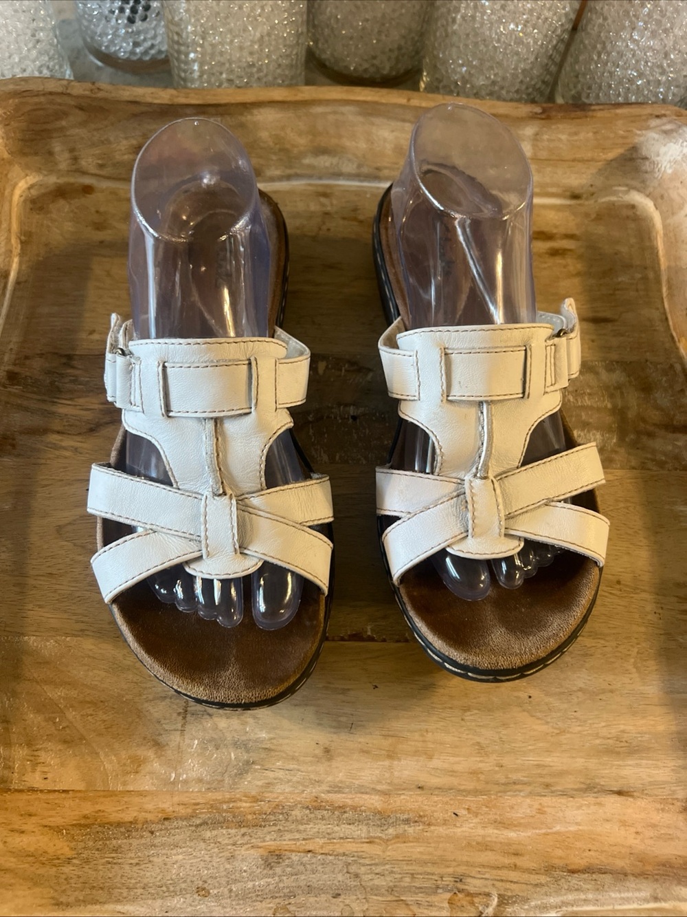 Clarks Cream Leather Strappy Comfort Slide Sandals